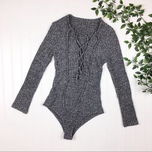 3/$20 Grey Heather Body Suit with Tie-Front